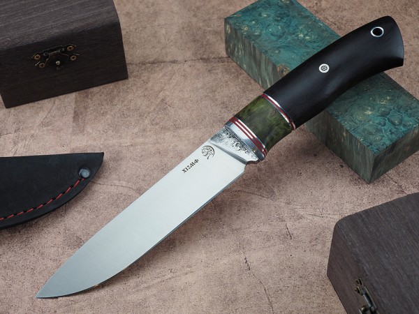 Нож Рысь, клинок из кованой стали Х12МФ, рукоять премиум граб, мозаичный пин