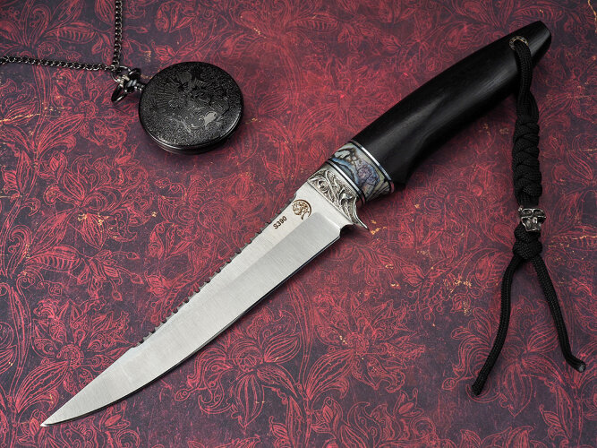 Нож Рыбак, клинок из стали Bohler S390, рукоять мореный граб, вставка стабилизированный зуб мамонта