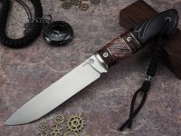 Нож Рысь, клинок из стали Bohler ELMAX, рукоять морёный граб c резьбой ручной работы, вставки аризонское железное дерево айронвуд, вставка стабилизированный зуб мамонта, мозаичные пины, формованные ножны-итальянская кожа растительного дубления