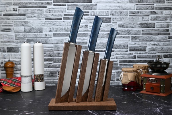 Набор ножей для кухни № 21, клинки из стали Bohler ELMAX, рукояти из стабилизированной карельской березы + подставка под ножи в подарок