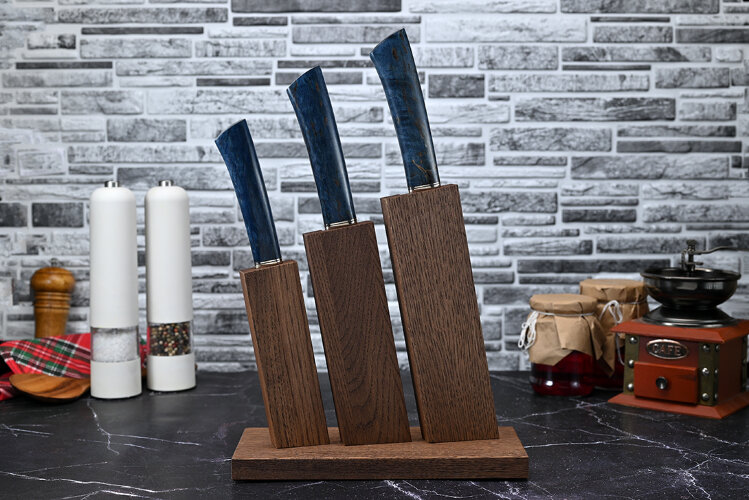 Набор ножей для кухни № 21, клинки из стали Bohler ELMAX, рукояти из стабилизированной карельской березы + подставка под ножи в подарок