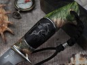 Нож Акула, клинок из тигельного булата, рукоять мореный граб резной, инкрустация, вставки стабилизированная карельская береза