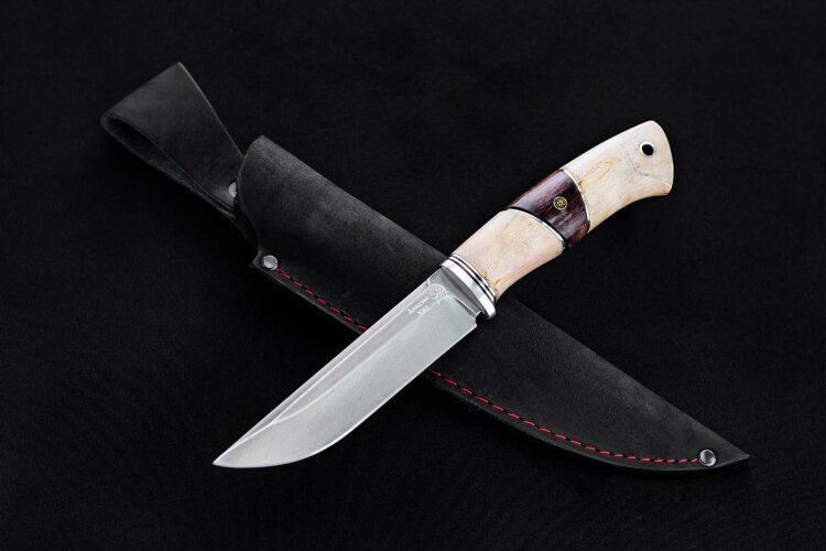 Нож Мангуст, клинок из алмазной стали ХВ5, рукоять карельская береза, стабилизированная карельская береза, мозаичный пин