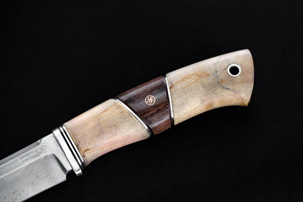 Нож Мангуст, клинок из алмазной стали ХВ5, рукоять карельская береза, стабилизированная карельская береза, мозаичный пин