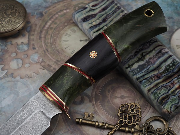 Нож Турист, клинок из алмазной стали ХВ5, рукоять стабилизированная карельская береза, граб, мозаичный пин