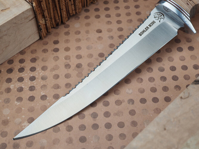 Нож Рыбак, клинок из стали Bohler М390, рукоять дюраль, береста