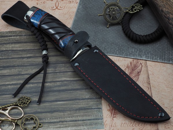 Нож Турист, клинок из стали Bohler М390, рукоять литье мельхиор, морёный граб резной, стабилизированная карельская береза