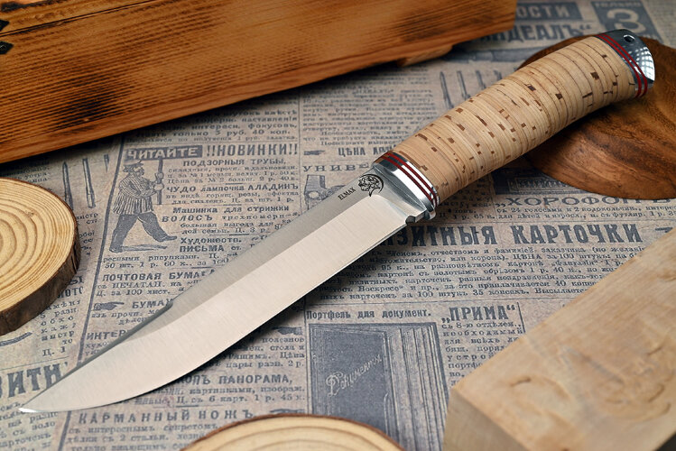 Нож Волк, клинок из стали Bohler ELMAX, рукоять наборная береста, дюраль