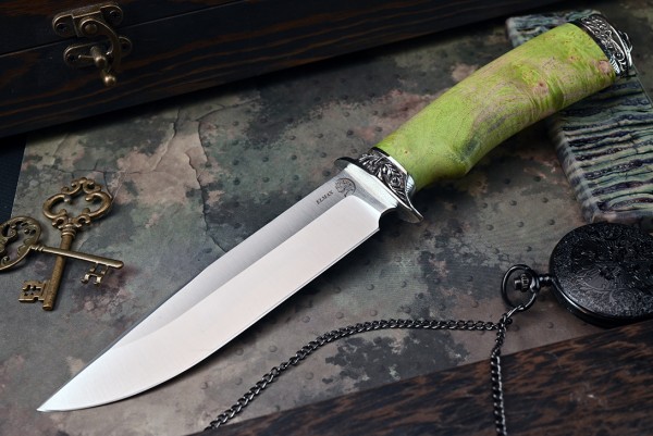 Нож Беркут, клинок из стали Bohler ELMAX, рукоять художественное литье мельхиор, стабилизированная карельская береза