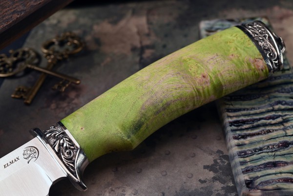 Нож Беркут, клинок из стали Bohler ELMAX, рукоять художественное литье мельхиор, стабилизированная карельская береза