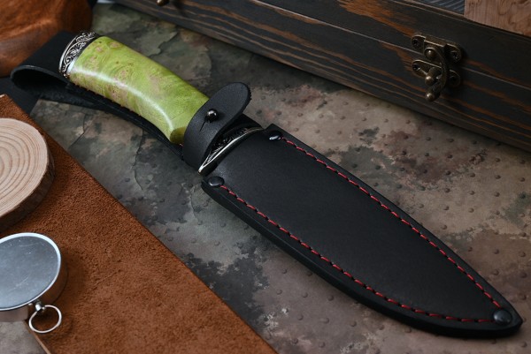 Нож Беркут, клинок из стали Bohler ELMAX, рукоять художественное литье мельхиор, стабилизированная карельская береза