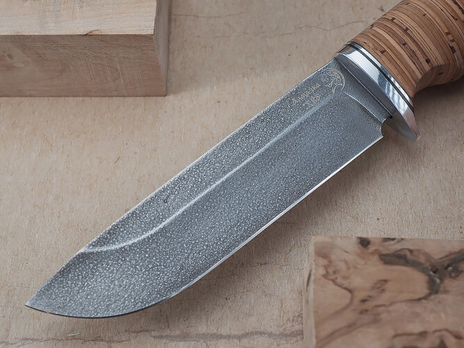 Нож Ласка, клинок из алмазной стали ХВ5, рукоять дюраль, береста