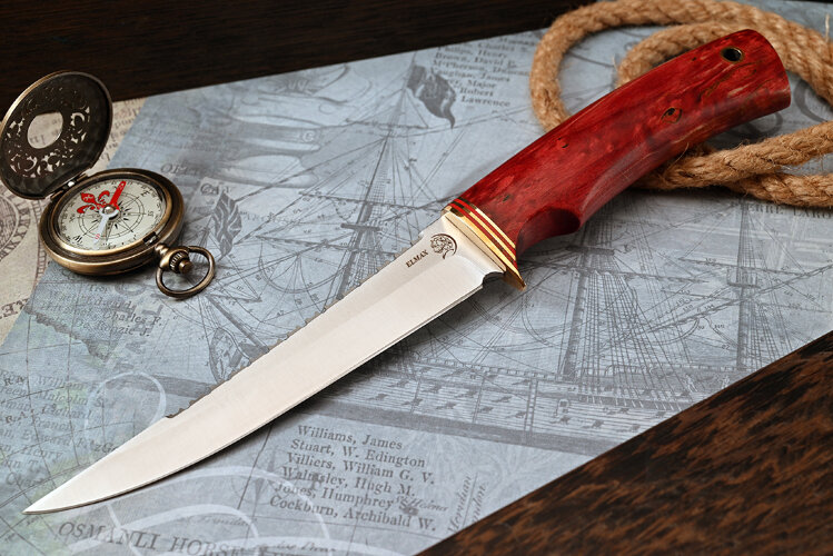 Нож Рыбак, клинок из стали Bohler ELMAX, рукоять стабилизированная карельская береза