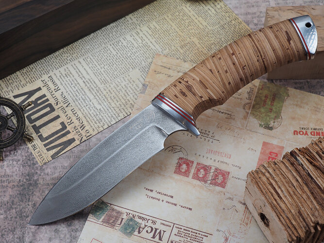 Нож Куница, клинок из алмазной стали ХВ5, рукоять дюраль, береста