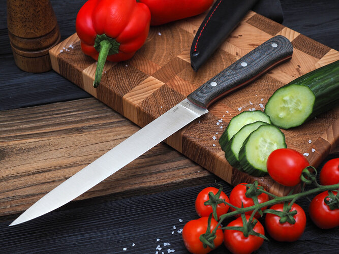 Нож Филейный № 3, клинок из стали Bohler S390, цельнометаллический, накладки микарта