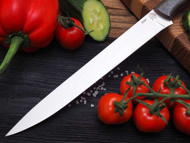 Нож Филейный № 3, клинок из стали Bohler S390, цельнометаллический, накладки микарта