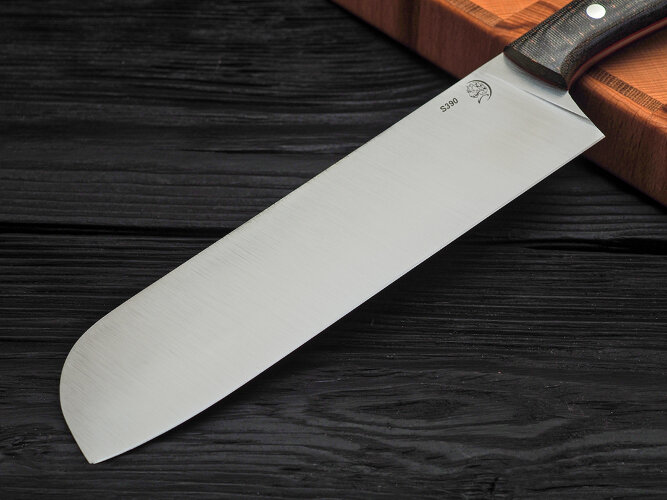 Нож Сантоку, клинок из стали Bohler S390, цельнометаллический, накладки микарта
