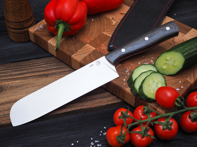 Нож Сантоку, клинок из стали Bohler S390, цельнометаллический, накладки микарта