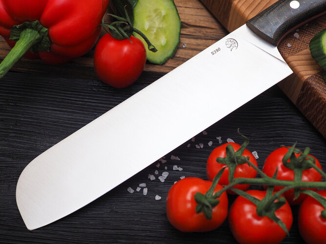 Нож Сантоку, клинок из стали Bohler S390, цельнометаллический, накладки микарта