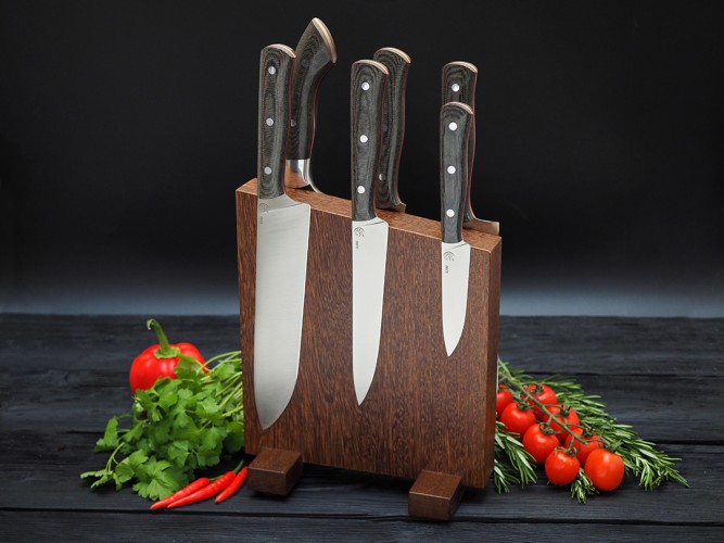 Набор ножей для кухни № 1 из стали Bohler S390, цельнометаллические, накладки микарта + подставка под ножи + тяпка из Х12МФ