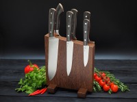 Набор ножей для кухни № 1 из стали Bohler S390, цельнометаллические, накладки микарта + подставка под ножи + тяпка из Х12МФ