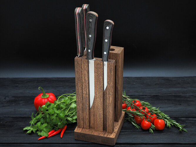 Набор ножей для кухни № 2 из стали Bohler S390, цельнометаллические, накладки микарта + подставка под ножи в подарок