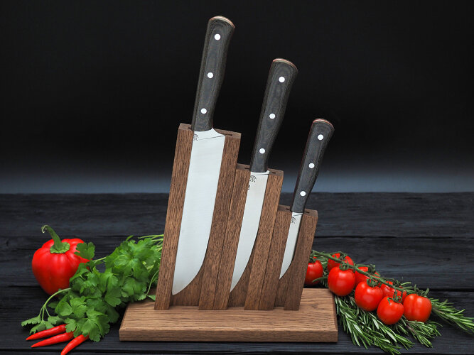 Набор ножей для кухни № 3 из стали Bohler S390, цельнометаллические, накладки микарта + подставка под ножи в подарок
