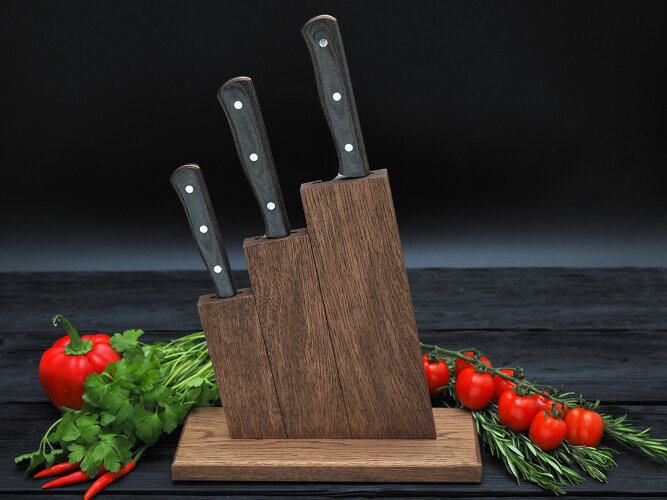 Набор ножей для кухни № 3 из стали Bohler S390, цельнометаллические, накладки микарта + подставка под ножи в подарок