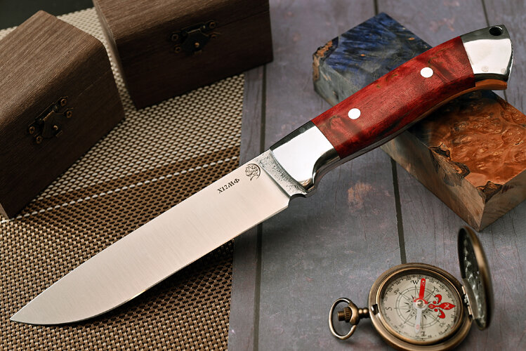Нож Рысь, клинок из кованой стали Х12МФ, цельнометаллический, накладки стабилизированная карельская береза, дюраль
