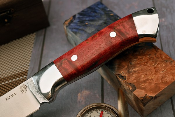 Нож Рысь, клинок из кованой стали Х12МФ, цельнометаллический, накладки стабилизированная карельская береза, дюраль