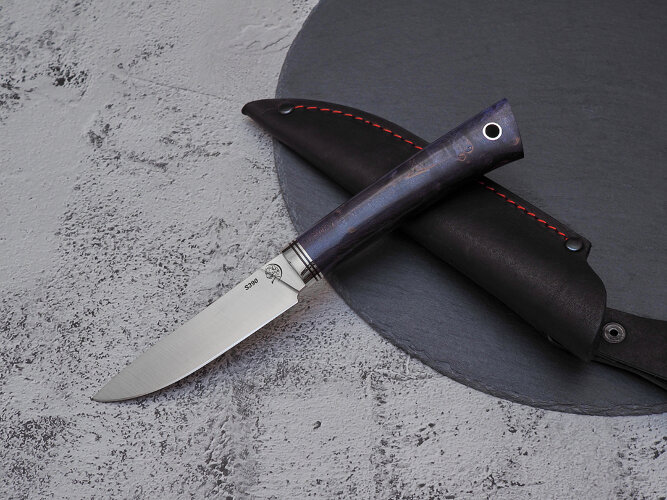 Набор ножей для кухни № 4, клинки из стали Bohler S390, рукояти из стабилизированной карельской березы + подставка под ножи в подарок