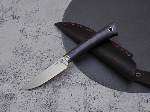 Набор ножей для кухни № 4, клинки из стали Bohler S390, рукояти из стабилизированной карельской березы + подставка под ножи в подарок