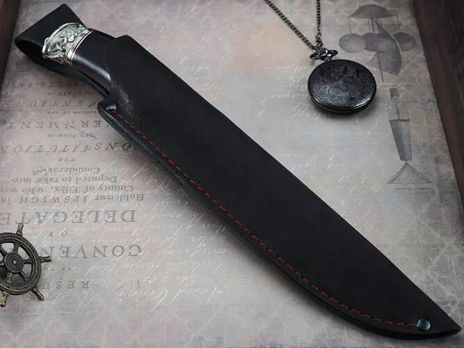 Нож Егерь, клинок из кованой стали Х12МФ, рукоять художественное литье мельхиор, мореный граб