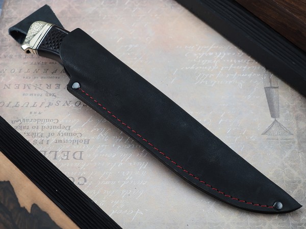 Нож Волк, клинок из кованой стали Х12МФ, рукоять художественное литье мельхиор, морёный граб