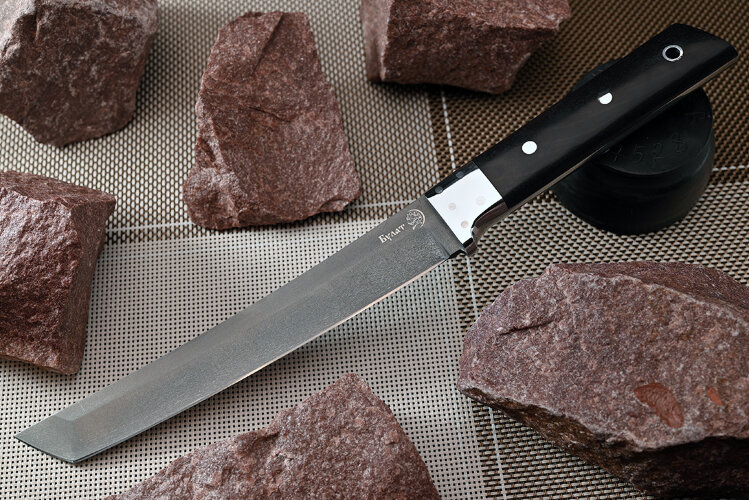 Нож Танто, клинок из тигельного булата, цельнометаллический, накладки морёный граб, дюраль