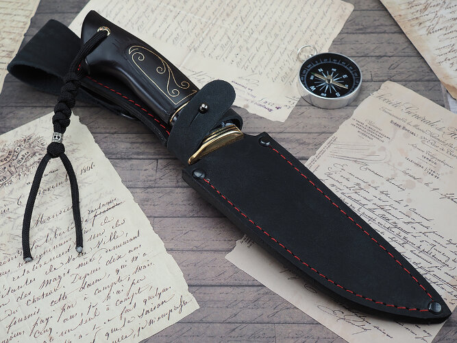 Нож Тигр, клинок из тигельного булата, рукоять морёный граб, инкрустация, вставка стабилизированный зуб мамонта