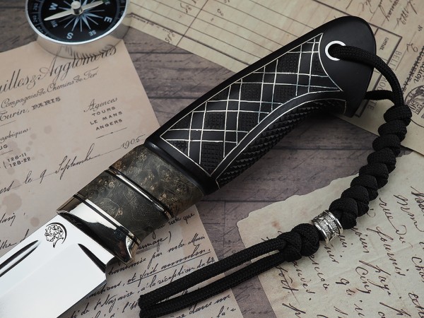 Нож Вепрь, клинок из стали Bohler К340, рукоять морёный граб с инкрустацией, вставки стабилизированный кап клена