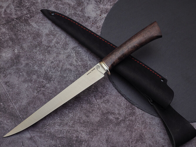 Нож Филейный № 1, клинок из стали Bohler М390, рукоять стабилизированная карельская береза