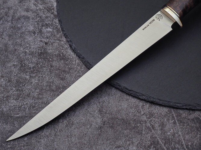 Нож Филейный № 1, клинок из стали Bohler М390, рукоять стабилизированная карельская береза