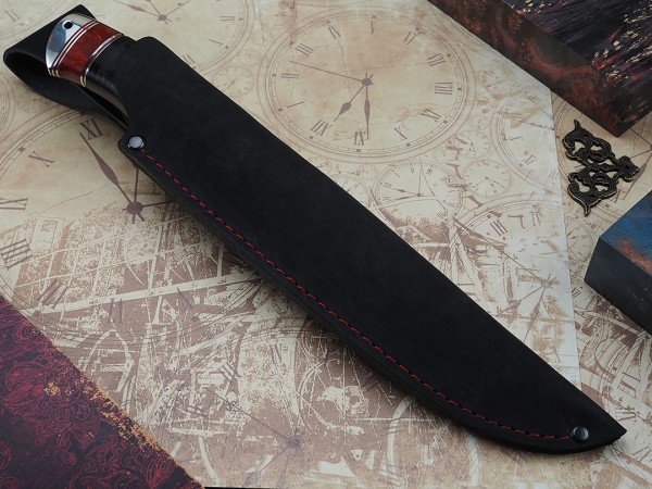 Нож Путник, клинок из кованой стали Х12МФ, рукоять дюраль, наборная кожа, вставки стабилизированная карельская береза