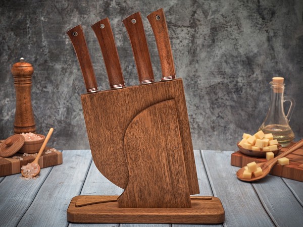 Набор ножей для кухни № 8, клинки из кованой стали Х12МФ, рукояти из дерева бубинга + подставка под ножи