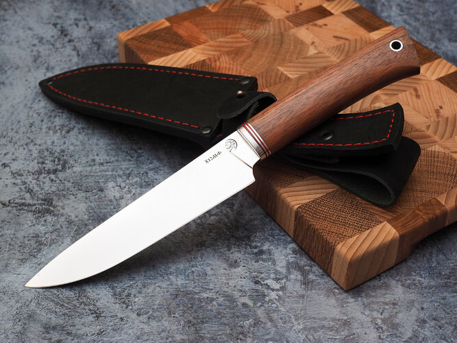 Набор ножей для кухни № 9, клинки из кованой стали Х12МФ, рукояти из дерева бубинга + подставка под ножи