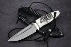 Нож Шейный, клинок из стали Bohler М390, рукоять клык моржа, скримшоу, формованные ножны - итальянская кожа растительного дубления