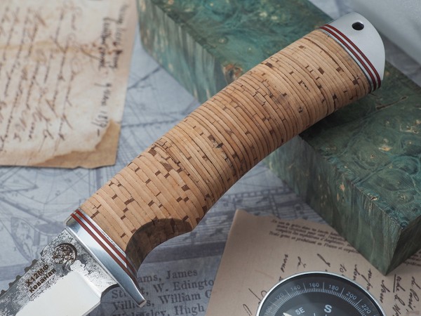 Нож Рыбак, клинок из кованой стали Х12МФ, рукоять дюраль, береста