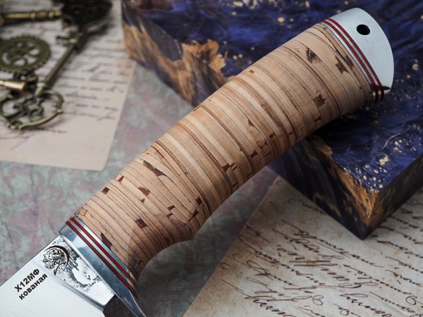 Нож Ласка, клинок из кованой стали Х12МФ, рукоять дюраль, береста