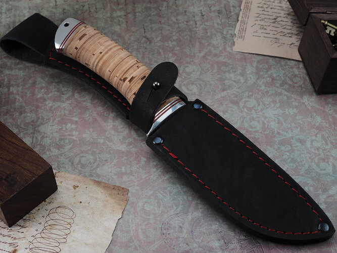 Нож Ласка, клинок из кованой стали Х12МФ, рукоять дюраль, береста
