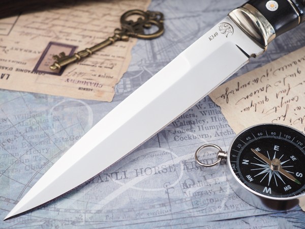 Нож Хищник, клинок из стали Bohler К340, рукоять морёный граб с резьбой, вставка стабилизированный зуб мамонта, мозаичный пин