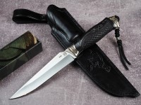 Нож Гепард, клинок из стали Bohler S390, рукоять художественное литье мельхиор, морёный граб с резьбой ручной работы, инкрустация серебром, формованные ножны-итальянская кожа растительного дубления