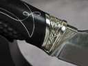 Нож Гепард, клинок из стали Bohler S390, рукоять художественное литье мельхиор, морёный граб с резьбой ручной работы, инкрустация серебром, формованные ножны-итальянская кожа растительного дубления
