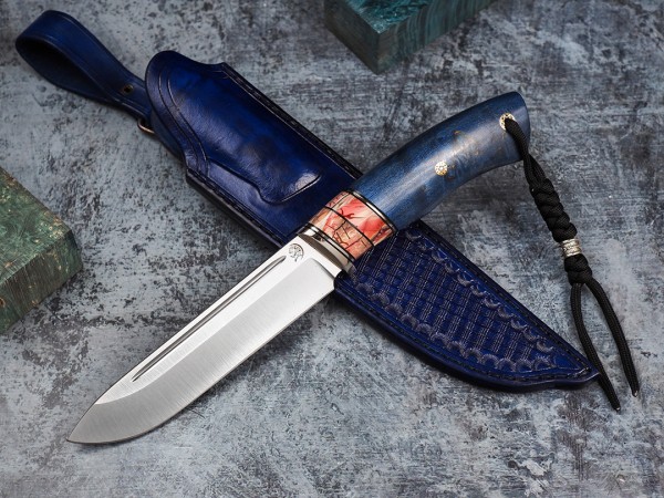 Нож Вепрь, клинок из стали Bohler S390, рукоять стабилизированная карельская береза, стабилизированный зуб мамонта, мозаичный пин, формованные ножны-итальянская кожа растительного дубления